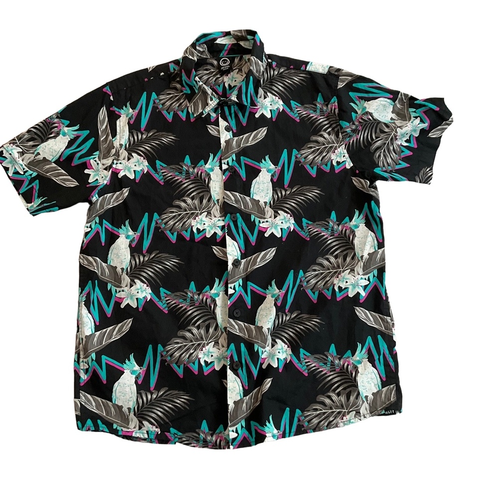 NEFF Black Multi Tropical Print Parrot Motif Retro Design Button Up Shirt Medium
